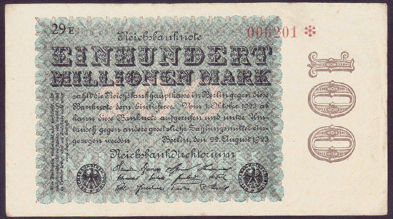 1923 Germany 100 Million Mark (blossoms wmk-black 'E') L000517
